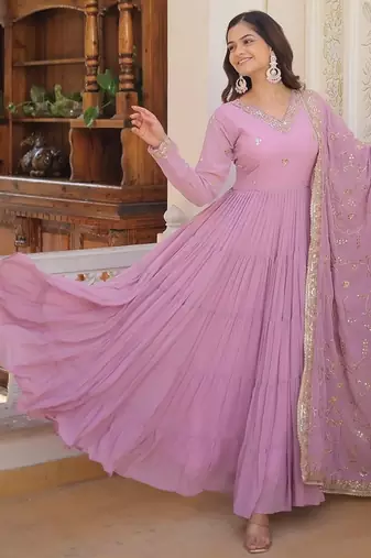 Purple color embroidered work georgette gown with dupatta