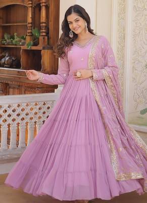 Purple embroidered work georgette gown with dupatta 3