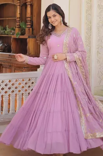 Purple color embroidered work georgette gown with dupatta
