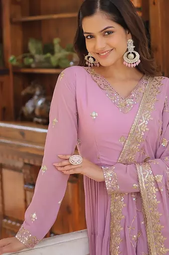 Purple color embroidered work georgette gown with dupatta