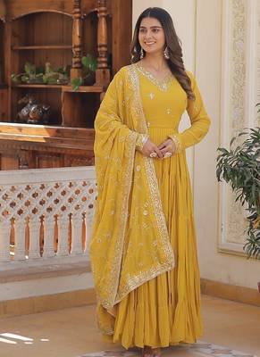 Yellow embroidered work georgette gown with dupatta 1