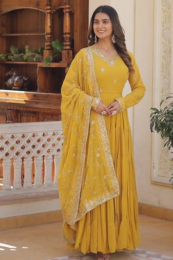 Yellow color embroidered work georgette gown with dupatta