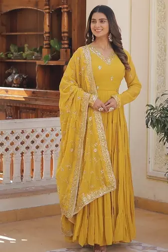 Yellow color embroidered work georgette gown with dupatta