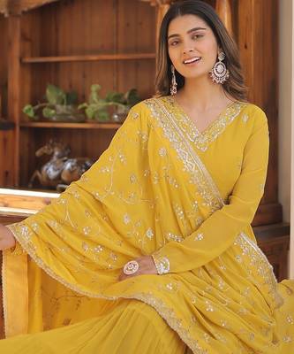Yellow embroidered work georgette gown with dupatta 3