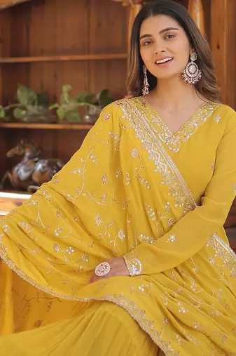 Yellow color embroidered work georgette gown with dupatta