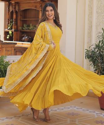 Yellow embroidered work georgette gown with dupatta 5