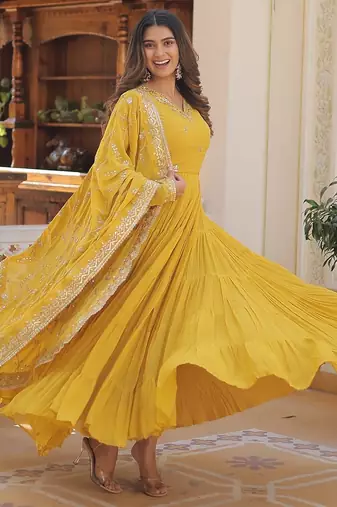 Yellow color embroidered work georgette gown with dupatta