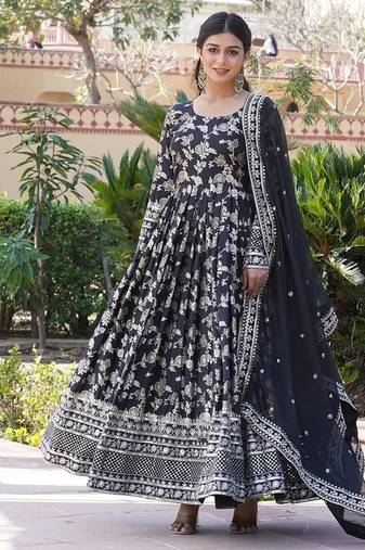Black color viscose diable jacquard sequins embroidered work gown with dupatta