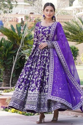 Purple color viscose diable jacquard sequins embroidered work gown with dupatta