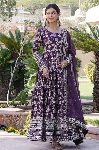 Wine color viscose diable jacquard sequins embroidered work gown with dupatta