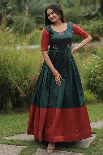 Green color banarasi jacquard weaving gown