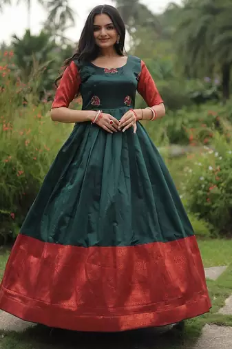 Green color banarasi jacquard weaving gown