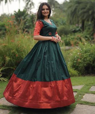 Green banarasi jacquard weaving gown 4
