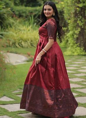 Maroon banarasi jacquard weaving gown 2