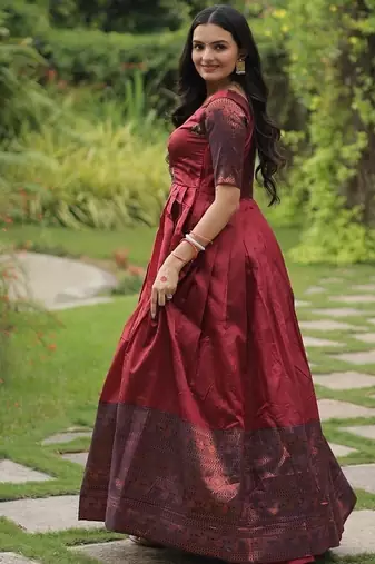 Maroon color banarasi jacquard weaving gown
