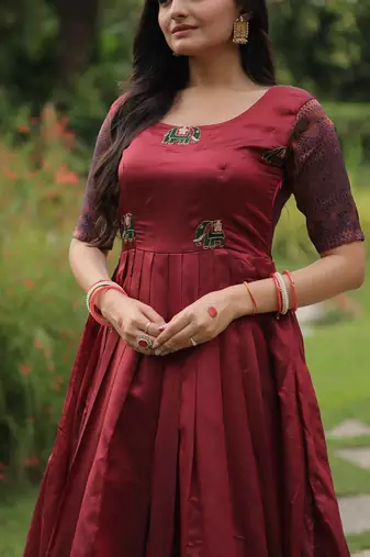 Maroon color banarasi jacquard weaving gown