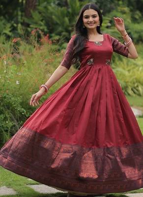 Maroon banarasi jacquard weaving gown 4