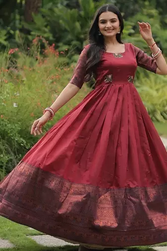 Maroon color banarasi jacquard weaving gown