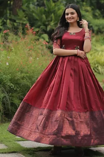 Maroon color banarasi jacquard weaving gown