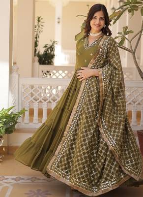 Mehandi green embroidered work georgette gown with dupatta 1