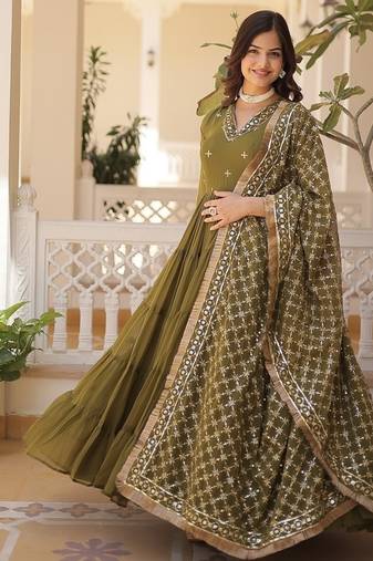 Mehandi green color embroidered work georgette gown with dupatta