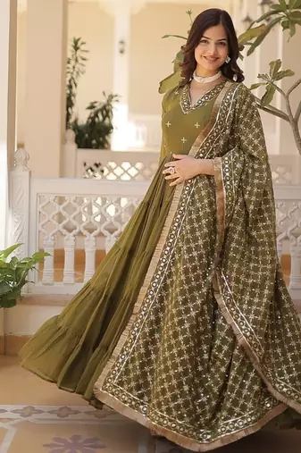 Mehandi green color embroidered work georgette gown with dupatta
