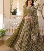 Mehandi green color embroidered work georgette gown with dupatta