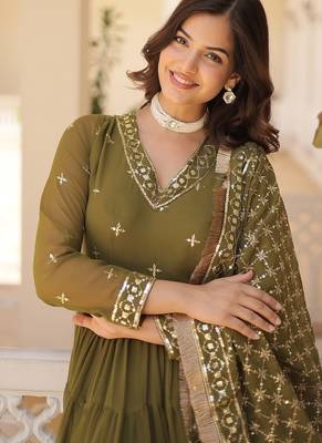 Mehandi green embroidered work georgette gown with dupatta 2