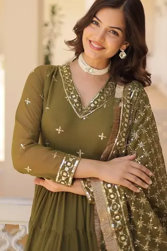Mehandi green color embroidered work georgette gown with dupatta