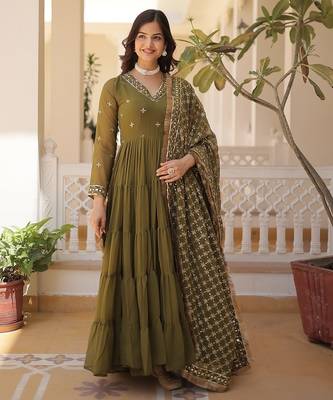 Mehandi green embroidered work georgette gown with dupatta 3