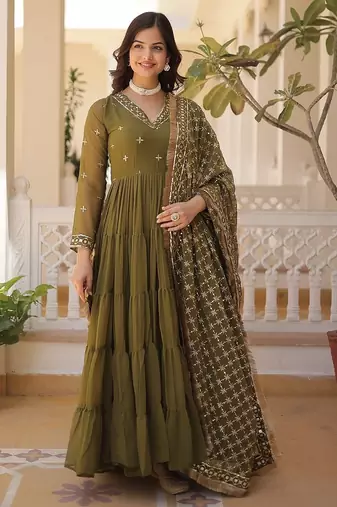 Mehandi green color embroidered work georgette gown with dupatta