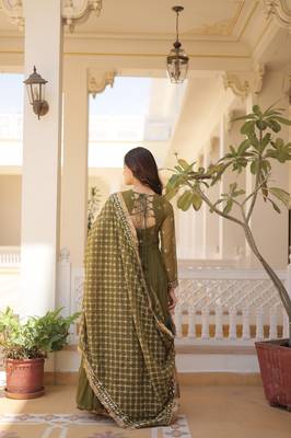 Mehandi green embroidered work georgette gown with dupatta 4
