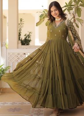 Mehandi green embroidered work georgette gown with dupatta 5