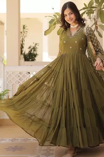 Mehandi green color embroidered work georgette gown with dupatta