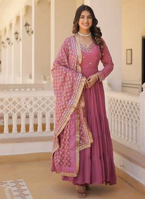 Onion embroidered work georgette gown with dupatta 1