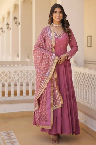 Onion color embroidered work georgette gown with dupatta