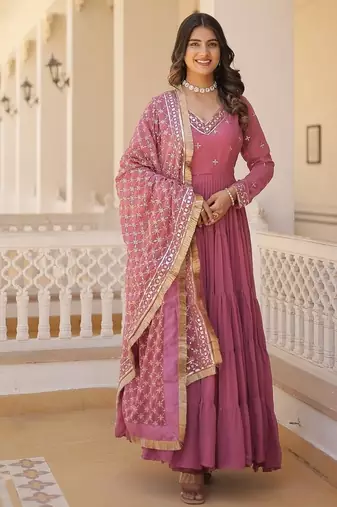 Onion color embroidered work georgette gown with dupatta