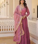 Onion color embroidered work georgette gown with dupatta