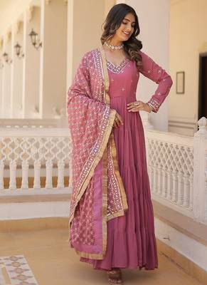 Onion embroidered work georgette gown with dupatta 2