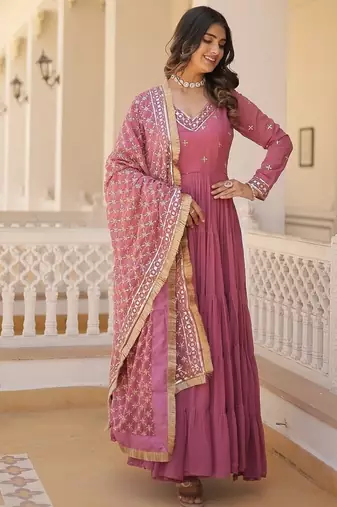 Onion color embroidered work georgette gown with dupatta