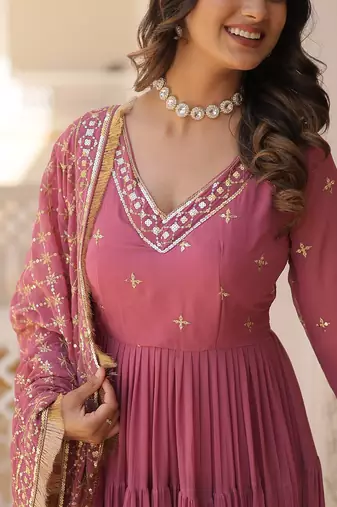 Onion color embroidered work georgette gown with dupatta