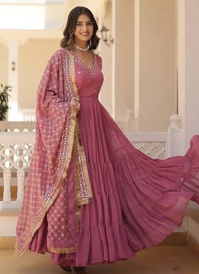 Onion embroidered work georgette gown with dupatta 4