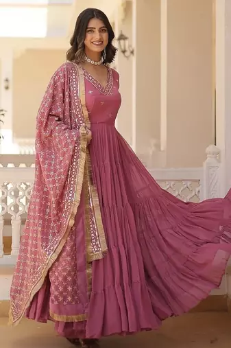 Onion color embroidered work georgette gown with dupatta