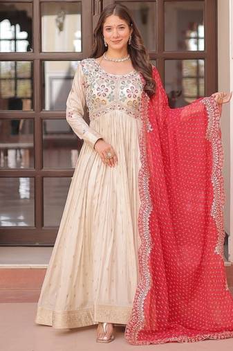 Red color embroidered cosmos weaving jacquard gown dupatta