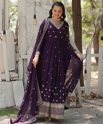 Purple sequins embroidered work georgette gown with dupatta 1