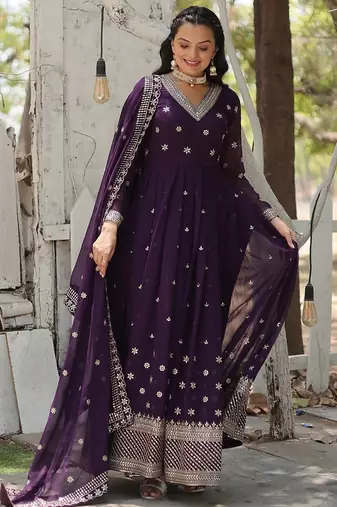 Purple color sequins embroidered work georgette gown with dupatta