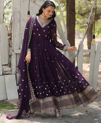 Purple sequins embroidered work georgette gown with dupatta 2