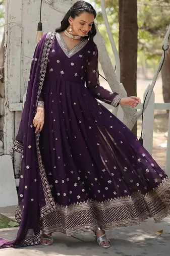 Purple color sequins embroidered work georgette gown with dupatta