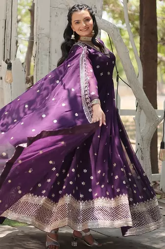Purple color sequins embroidered work georgette gown with dupatta