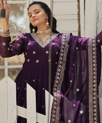 Purple sequins embroidered work georgette gown with dupatta 4